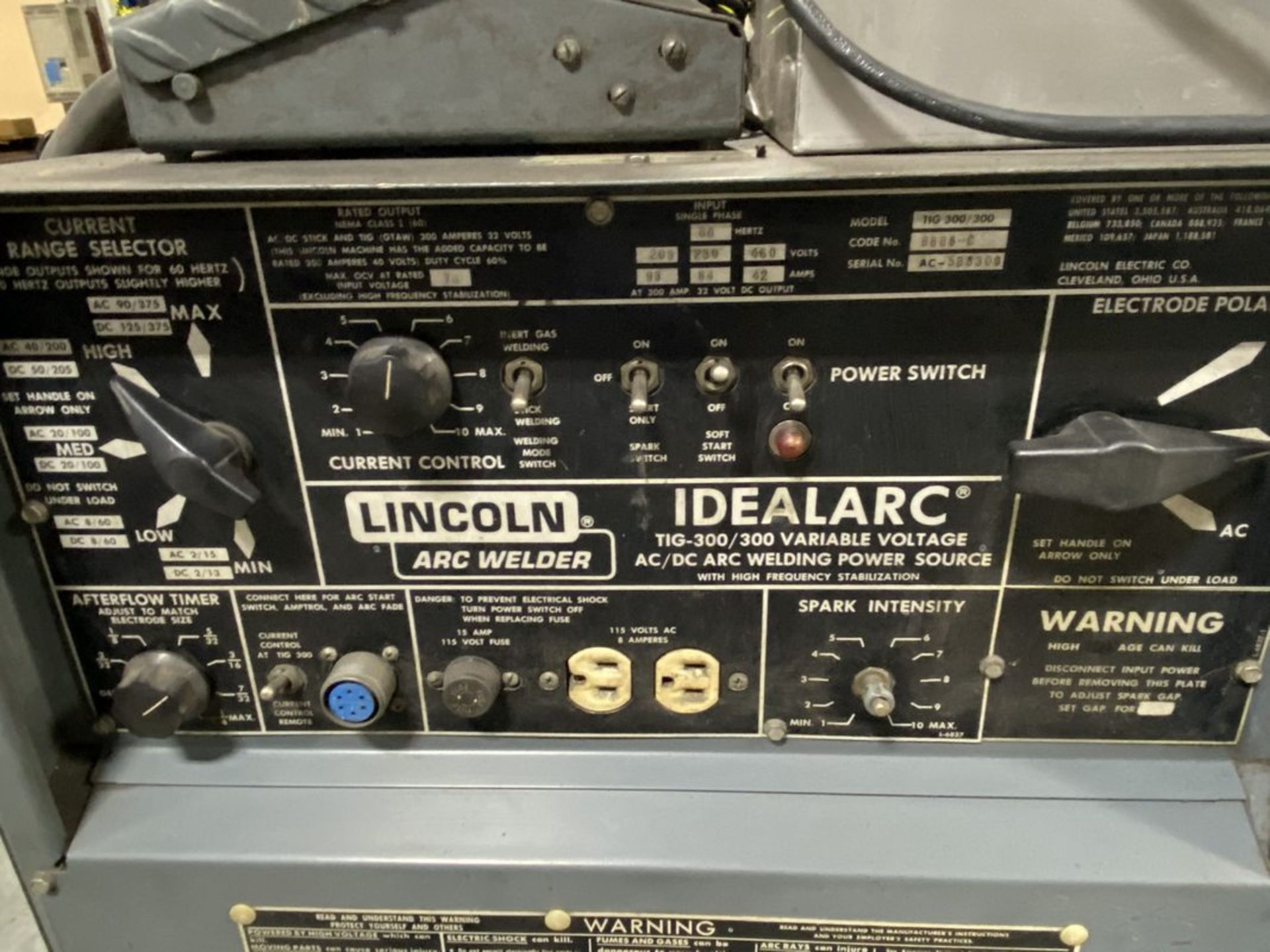 Lincoln Ideal Arc Tig 300/300 300-Amp TIG Welder, S/N AC-588300, with Dyna Flux Cooler - Image 3 of 5
