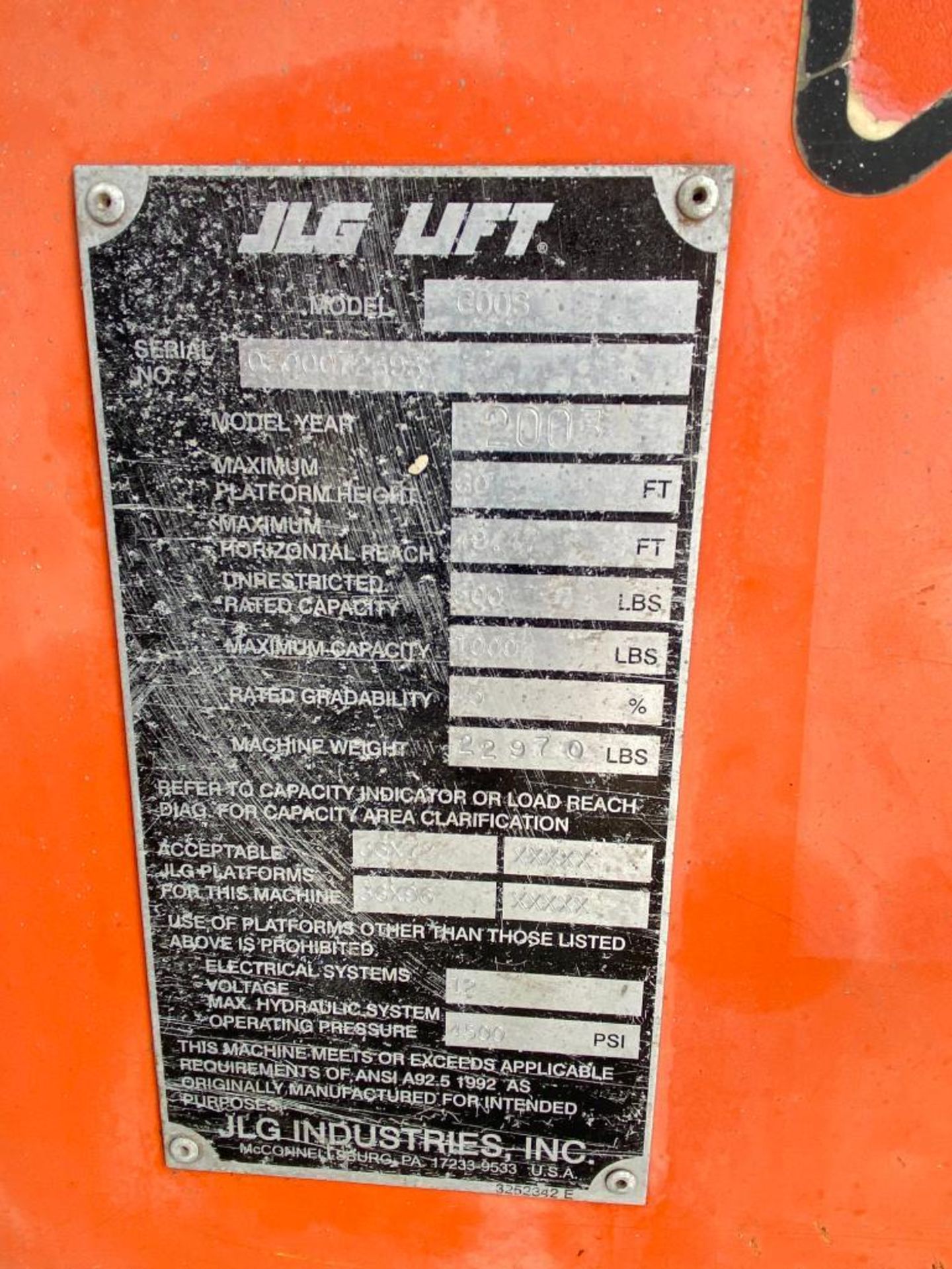 JLG 600S Rough Terrain Boom Lift (S/N 300072393, Year 2003), with 60' Platform Height, 49.47' - Image 8 of 11