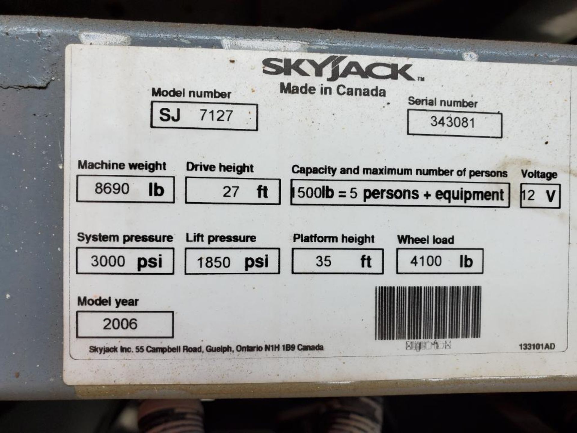 Skyjack SJ7127 Rough Terrain Scissor Lift (S/N 343081, Year 2006), with 33' Working Height, 27' - Image 4 of 5