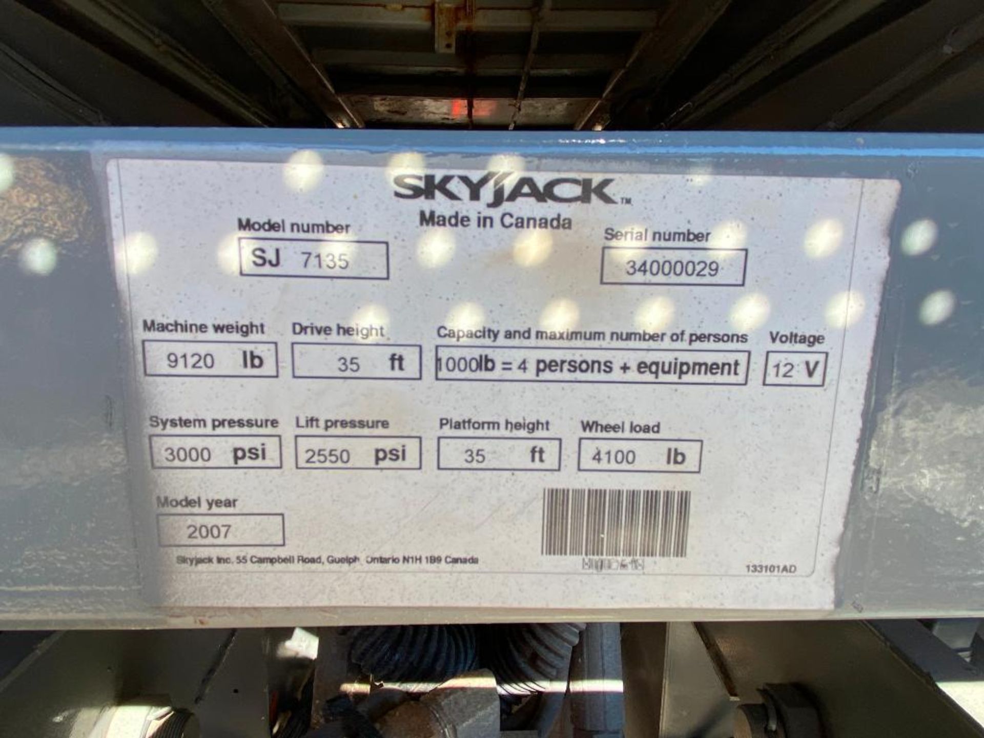 Skyjack SJ7135 Rough Terrain Scissor Lift (S/N 34000029, Year 2007), with 41' Working Height, 35' - Image 7 of 7