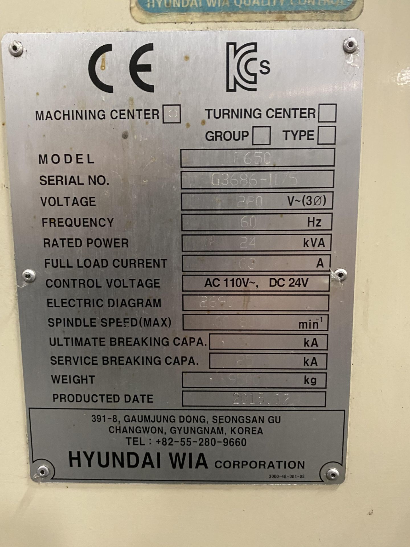 Hyundai Wia F650 3-Axis CNC Vertical Machining Center, S/N G3686-1175, 2015, with 63" x 25" Table, - Image 15 of 15