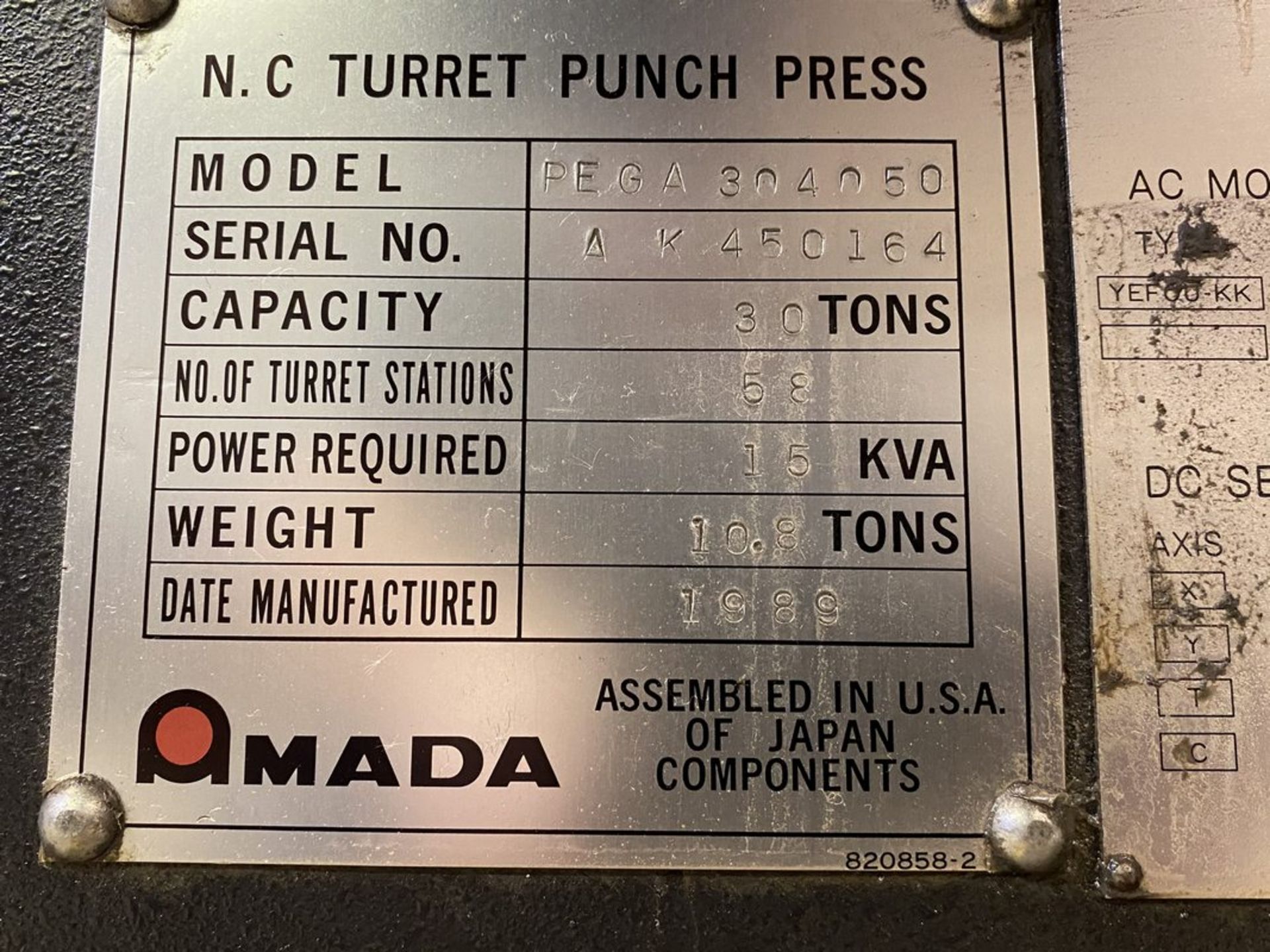 Amada Pega 304050 30-Ton CNC Turret Punch, 1989 - Image 21 of 21