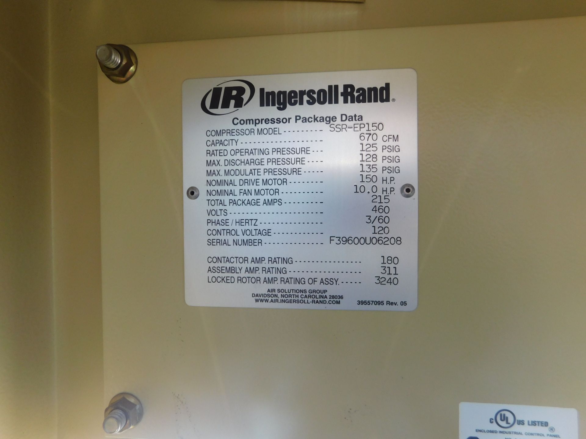 Ingersoll Rand SSR-EP150 150hp Rotary Screw Air Compressor, S/N F39600U05208 - Image 8 of 9