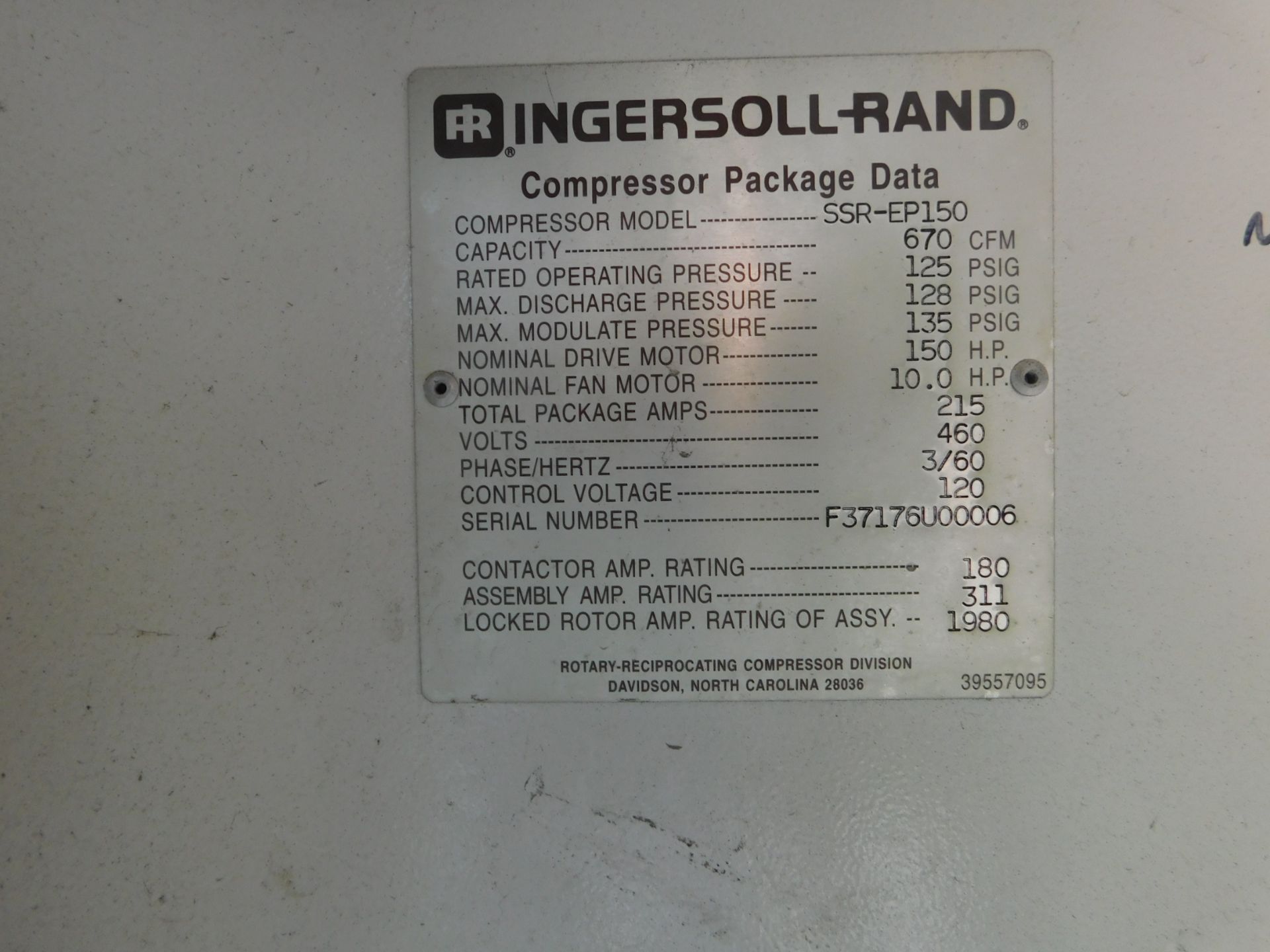 Ingersoll Rand SSR-EP150 150hp Rotary Screw Air Compressor, S/N F37176U00006 - Image 6 of 6