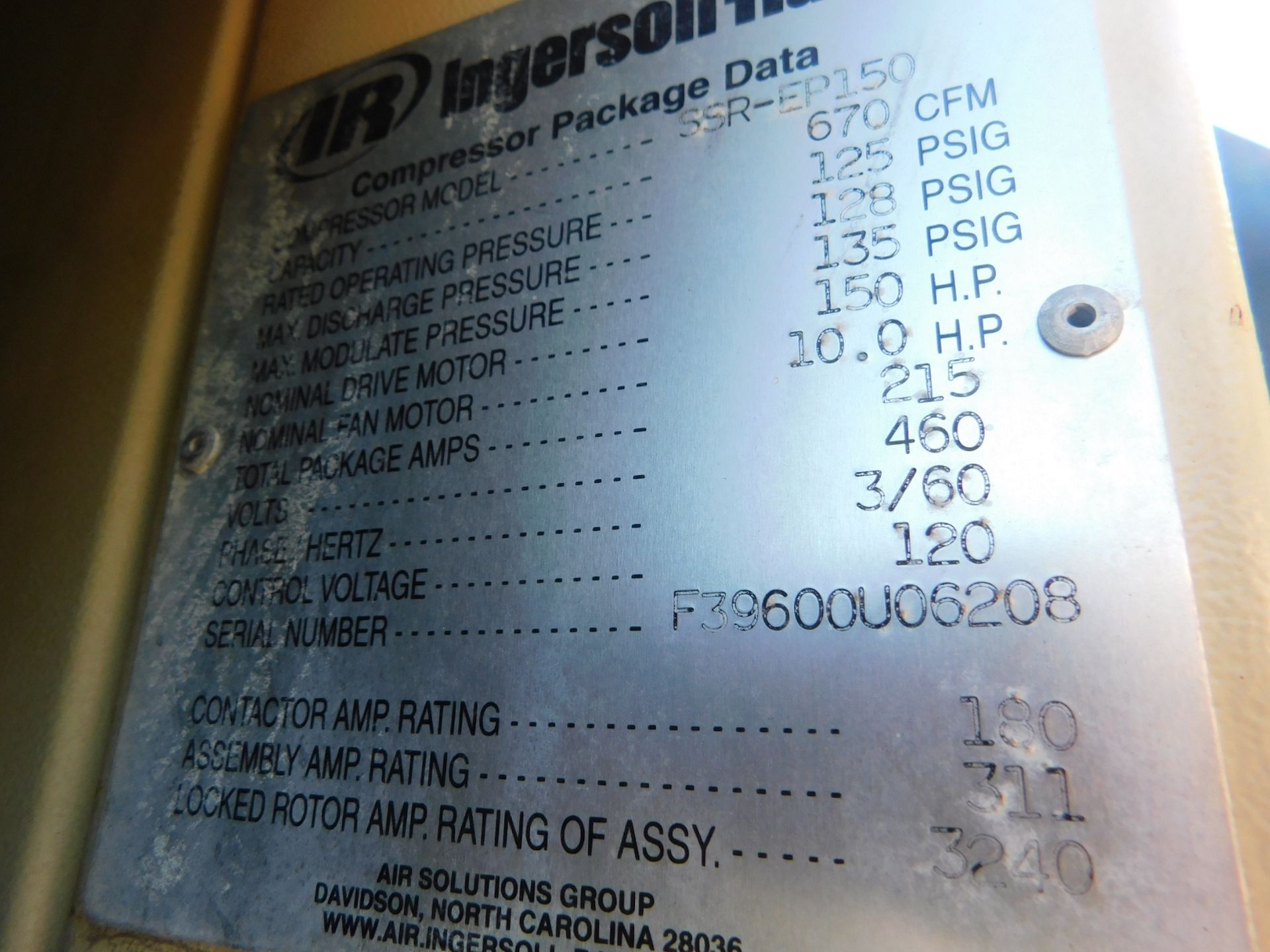 Ingersoll Rand SSR-EP150 150hp Rotary Screw Air Compressor, S/N F39600U05208 - Image 4 of 9