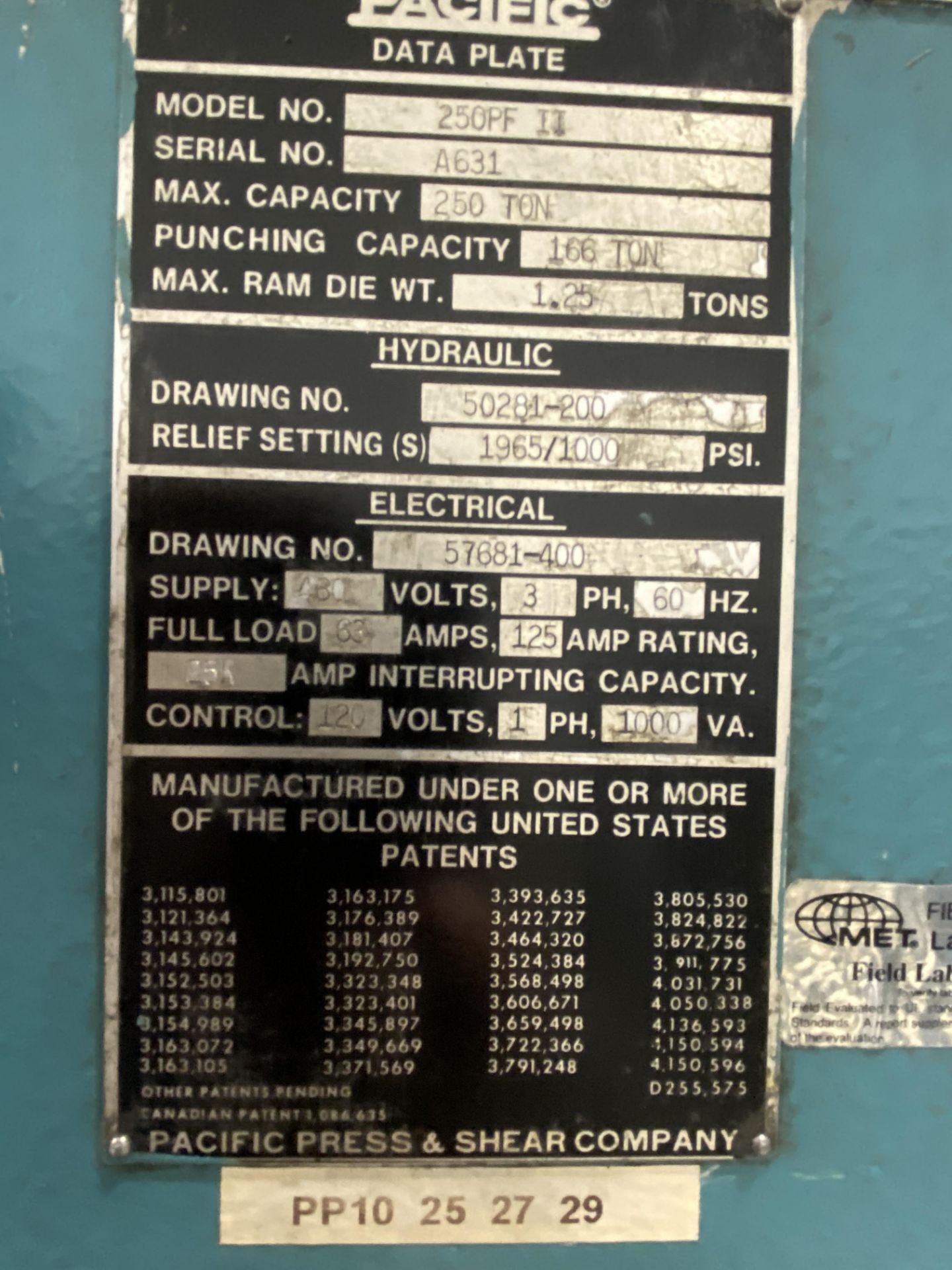 Pacific Pressformer PF250-II 250-Ton Hydraulic C-Frame Press, S/N A631 - Image 12 of 22