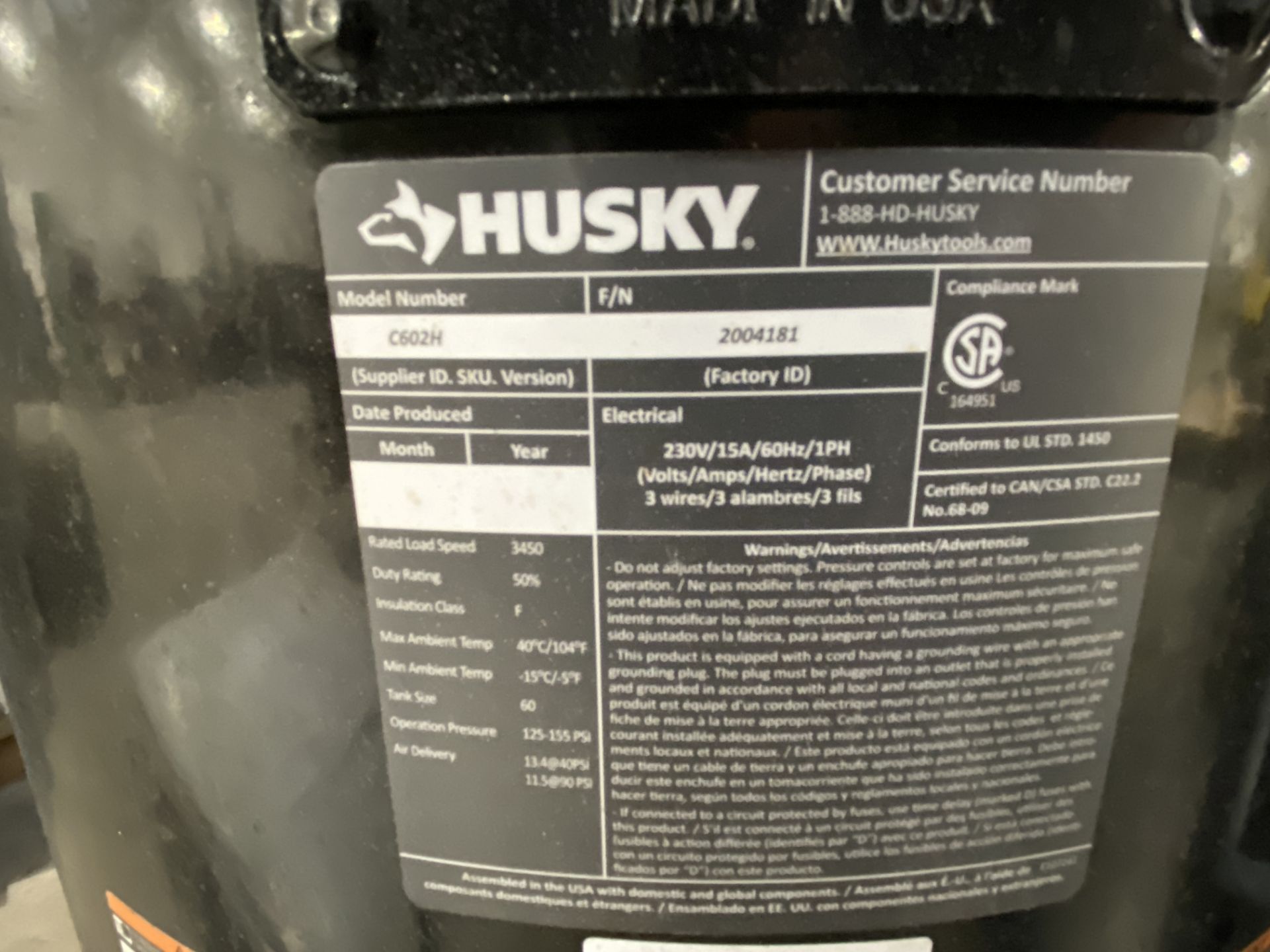 Husky C602H 4hp Vertical Tank Air Compressor, 2018 - Image 7 of 7