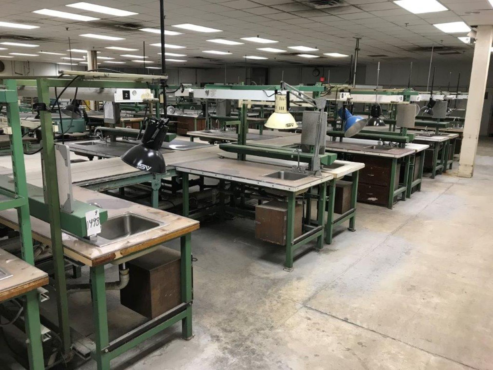 (9) Lighted Work Benches with Sink & Electric