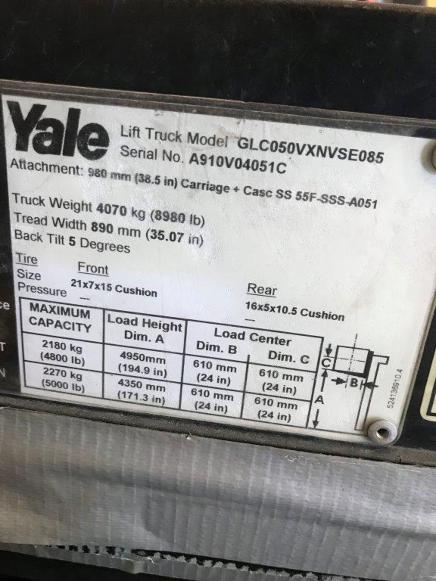 4,800 Lb. Yale #GLC050VXNVSE085 Lift Truck - Image 4 of 4