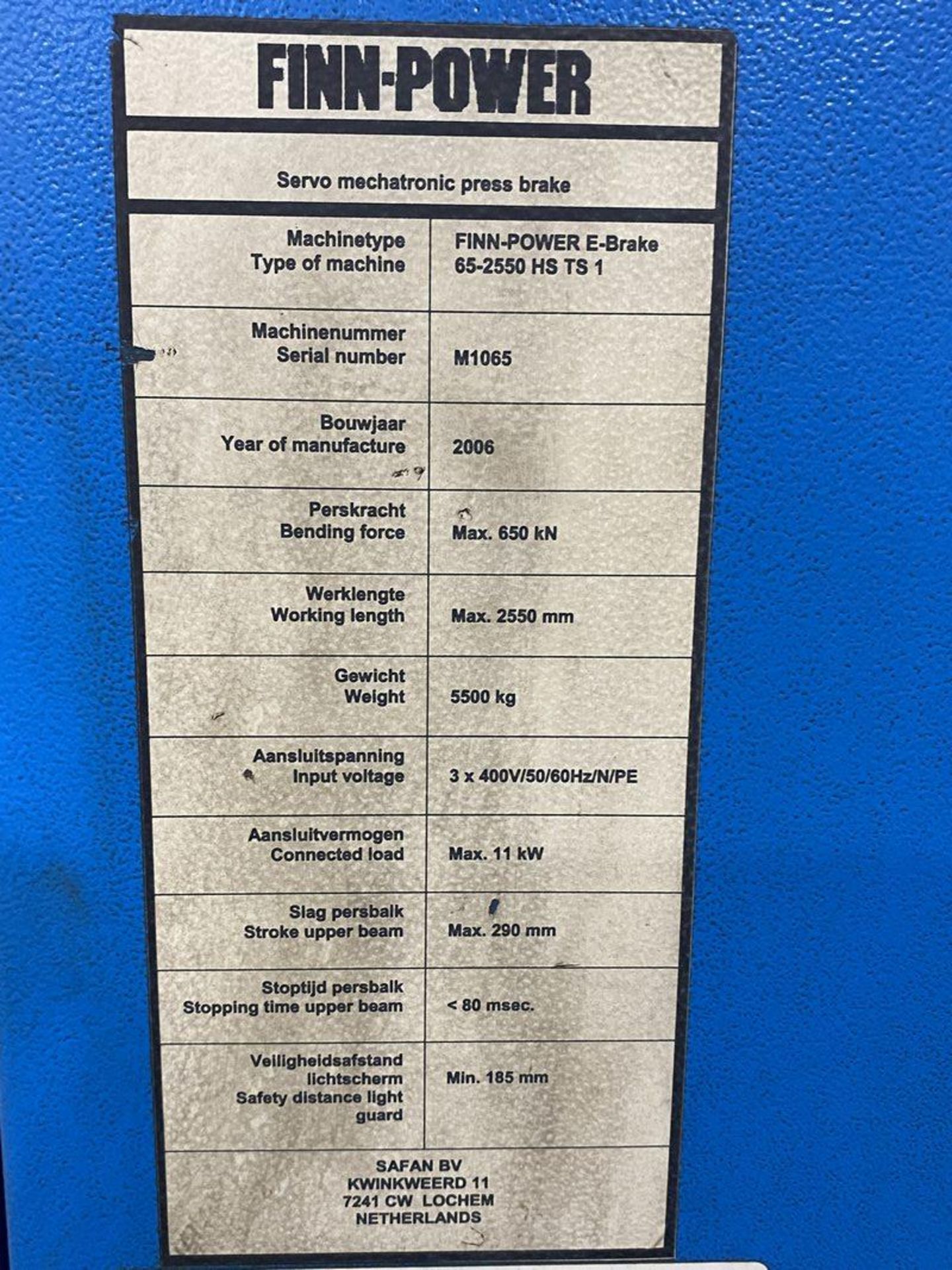 Finn Power E-Brake 65-2550 HS TS 1, 65-Ton x 100" 7-Axis CNC Servo Press Brake, S/N M1065, 2006 - Image 13 of 13