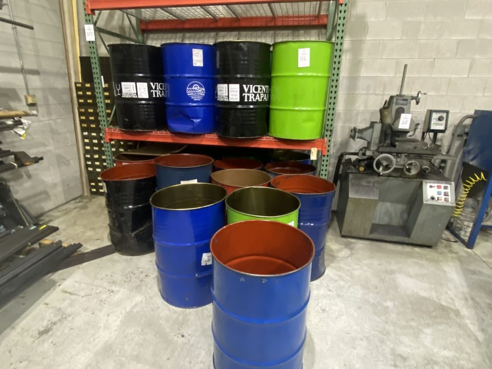 Lot of (22) 55-Gallon Steel Drums, with (1) Drum Dolly