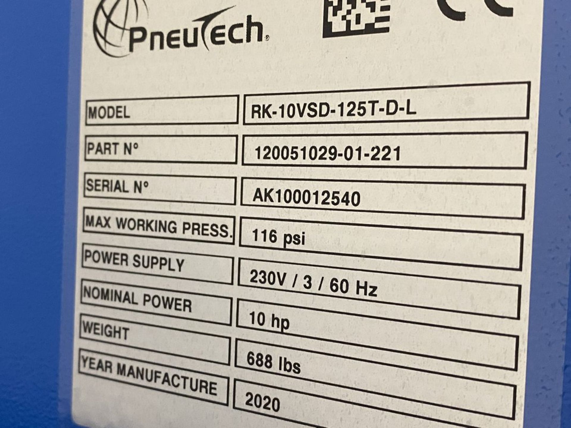 Pneutech RK-10VSD-125T-D-L 10-H Rotary Screw Tank Mounted Air Compressor - Image 5 of 6