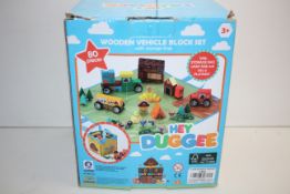 BOXED HEY DUGGEE WOODEN VEHICLE BLOCK SET WITH STORAGE BAG RRP £39.99Condition ReportAppraisal