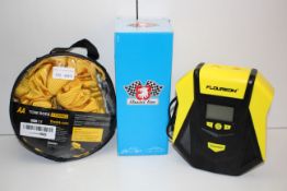 3X ASSORTED ITEMS TO INCLUDE AA TOW ROPE, FLOURION TYRE INFLATOR & OTHER (IMAGE DEPICTS STOCK)