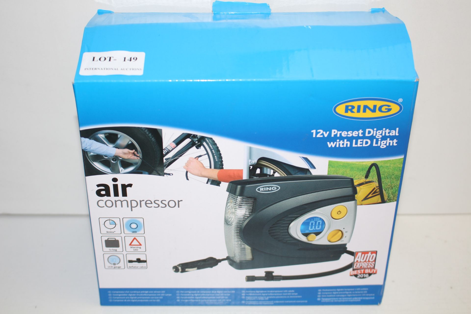 BOXED RING AIR COMPRESSOR 12V PRESET DIGITAL WITH LED LIGHT RRP £40.00Condition ReportAppraisal