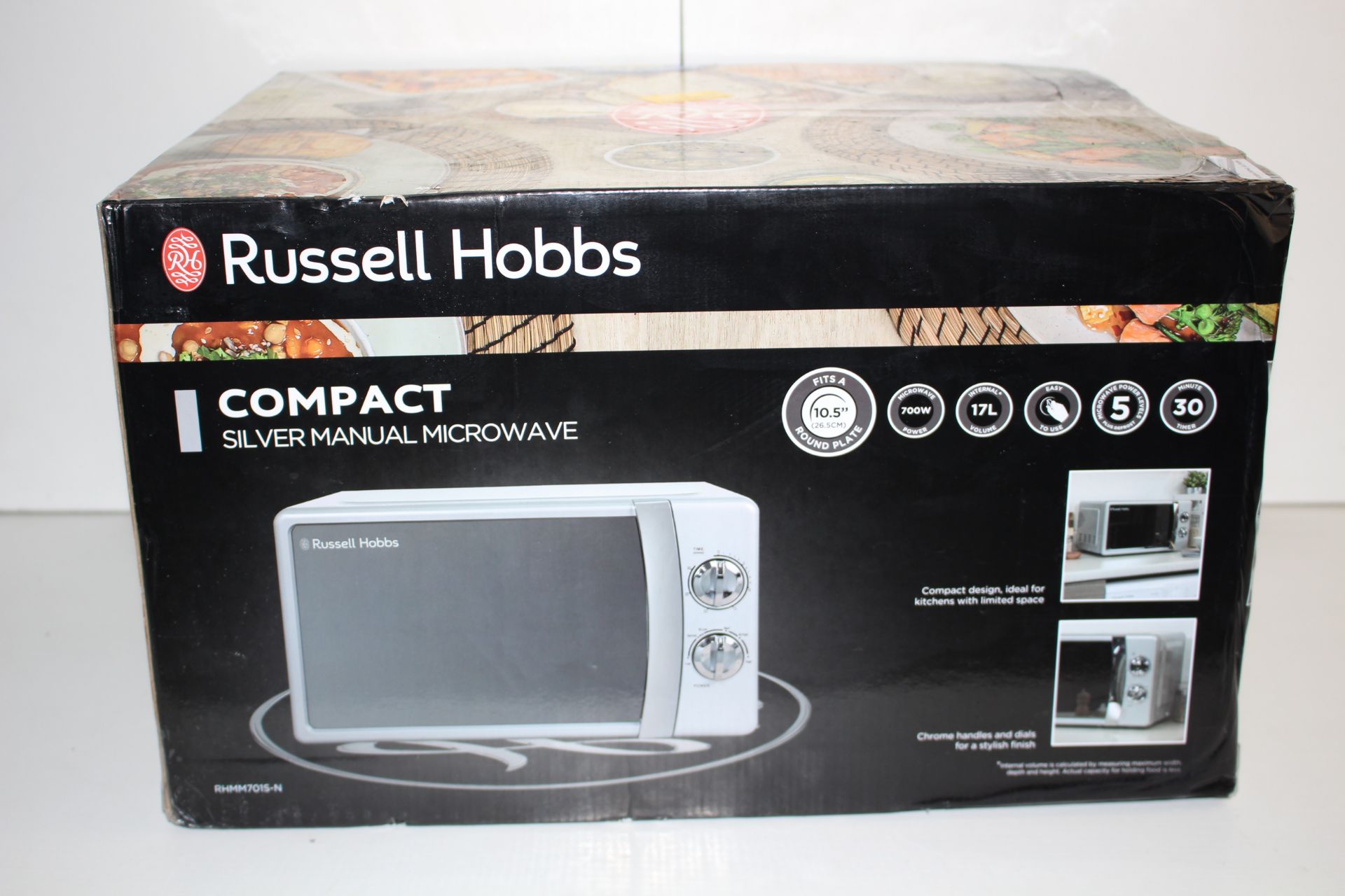 BOXED RUSSELL HOBBS SILVER MANUAL MICROWAVE RRP £71.98