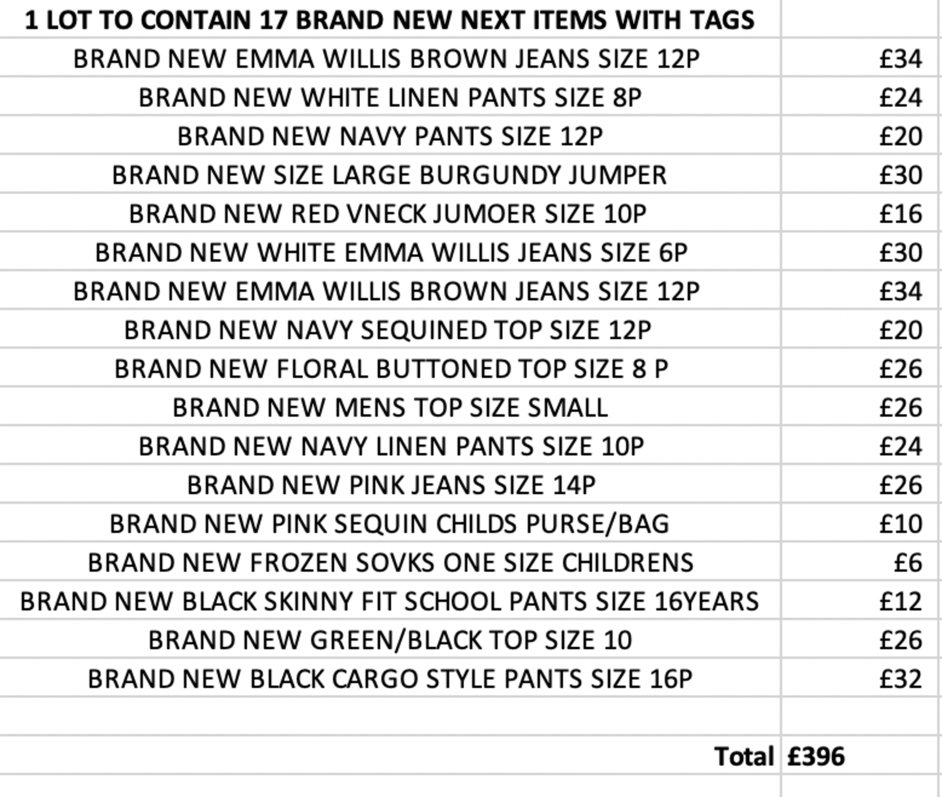 TOTAL RRP-£396.00 1 LOT TO CONTAIN 17 BRAND NEW NEXT ITEMS WITH TAGS SEE IMAGE (1006)Condition