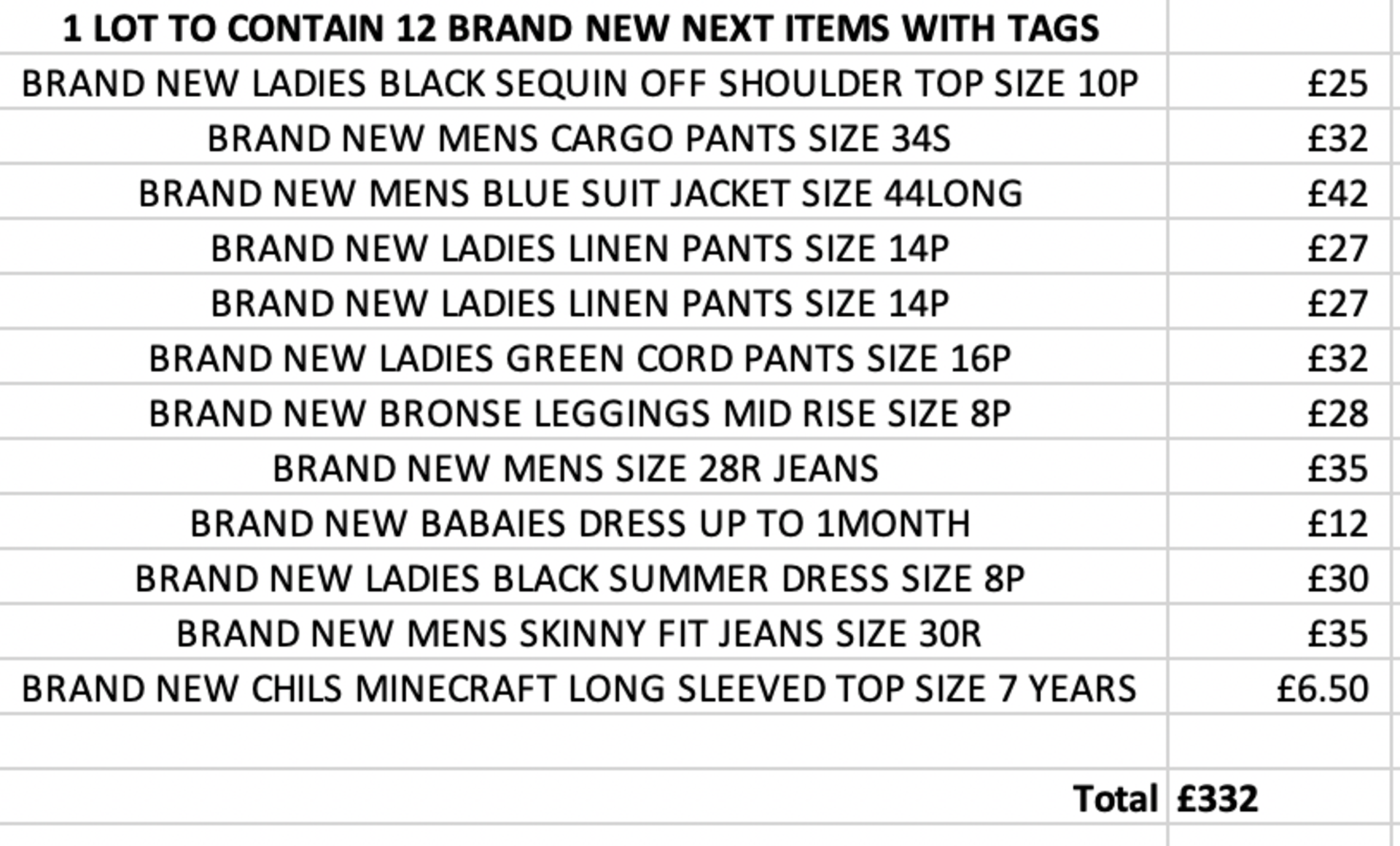 TOTAL RRP-£332.00 1 LOT TO CONTAIN 12 BRAND NEW NEXT ITEMS WITH TAGS SEE IMAGE (1007)Condition