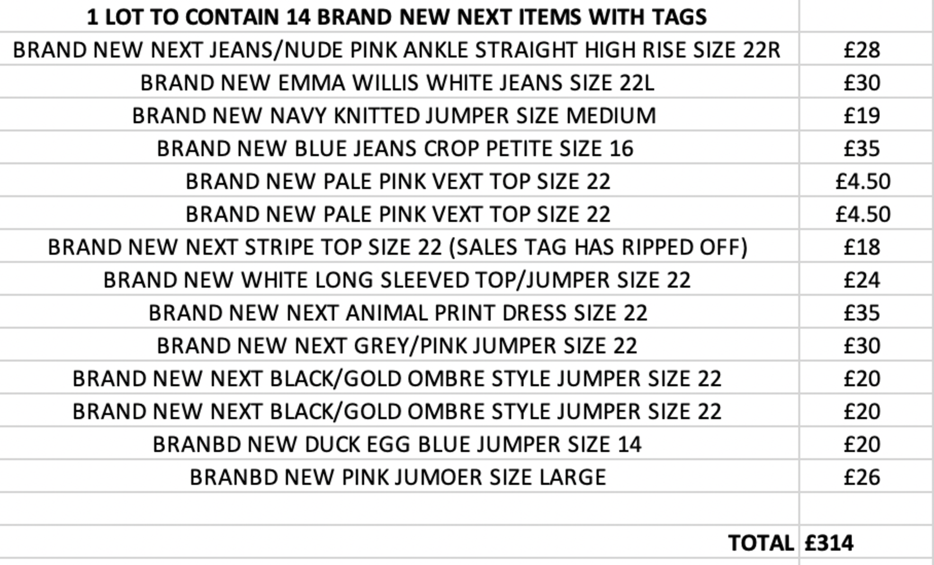 TOTAL RRP-£314.00 1 LOT TO CONTAIN 14 BRAND NEW NEXT ITEMS WITH TAGS (1011)Condition ReportAppraisal