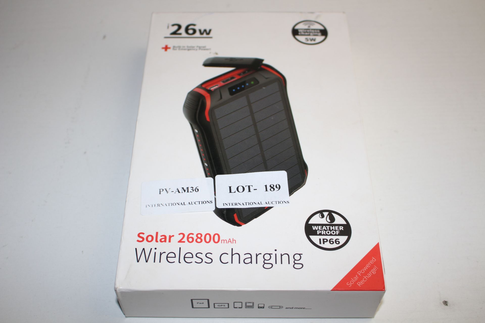 BOXED 26W SOLAR 26800MAH WIRELESS CHARGING Condition ReportAppraisal Available on Request- All Items