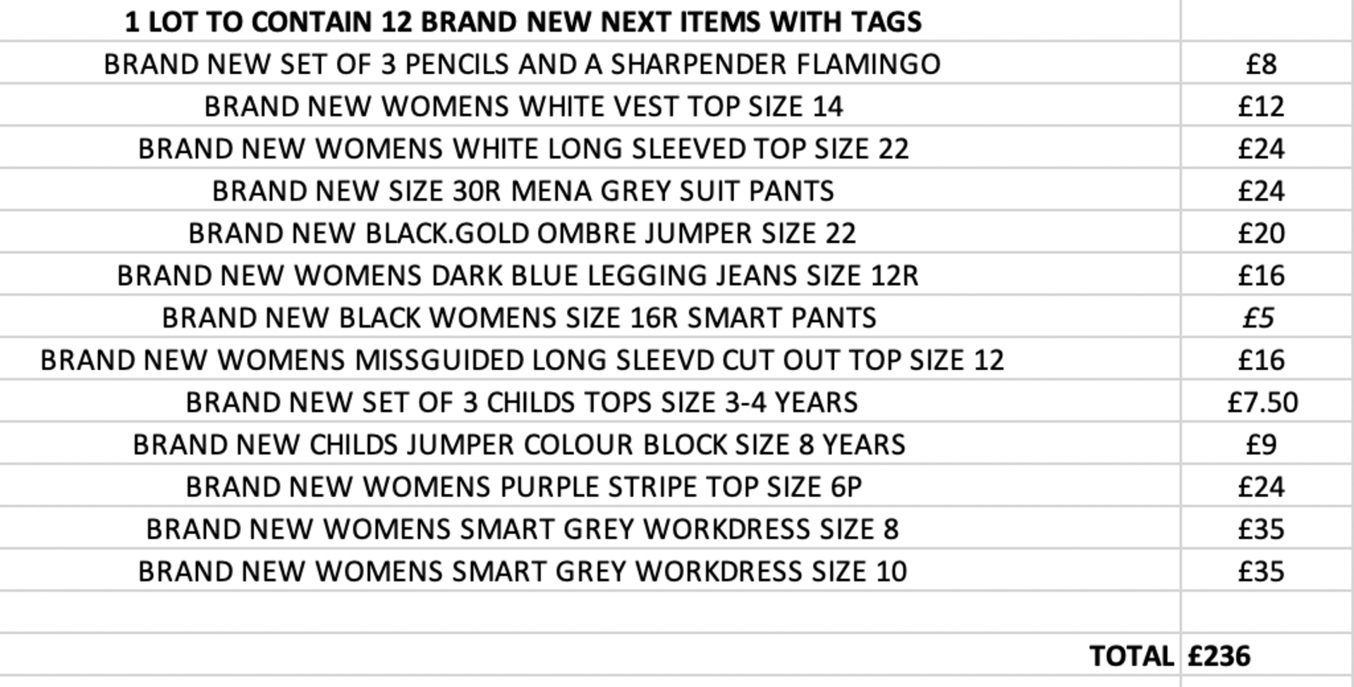 TOTAL RRP-£236.00 1 LOT TO CONTAIN 12 BRAND NEW NEXT ITEMS WITH TAGS (1015)Condition ReportAppraisal