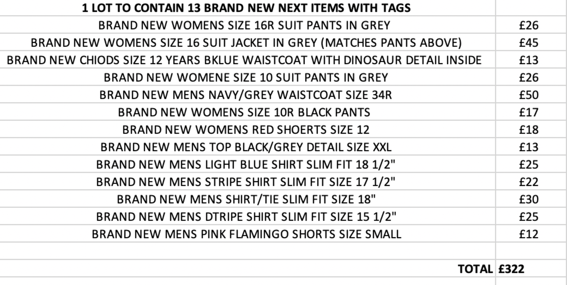 TOTAL RRP-£322.00 1 LOT TO CONTAIN 14 BRAND NEW NEXT ITEMS WITH TAGSCondition ReportAppraisal