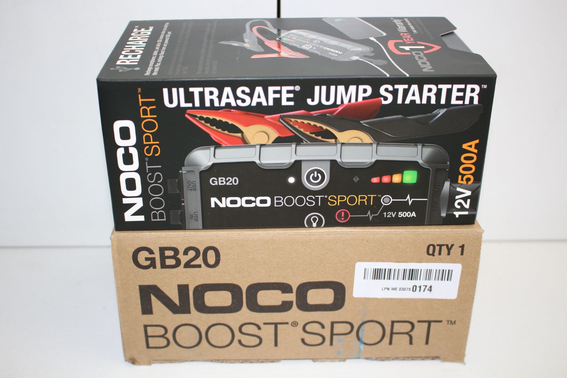 BOXED NOCO BOOST SPORT GB20 ULTRASAFE JUMP STARTER 12V 500A RRP £95.16Condition ReportAppraisal