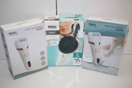 3X BOXED ASSORTED ITEMS TO INCLUDE IWEEL ELECTRIC CALLUS REMOVER IW-9043 & WAHL COMPACT MASSAGER