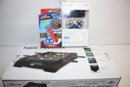 3X ASSORTED BOXED ITEMS TO INCLUDE TABLE FOOTBALL, SPIDERMAN TORCH & ATOYX RACING DRONE GHOST