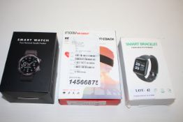 3X ASSORTED BOXED ITEMS TO INCLUDE SMART WATCH, SMART BRACELET & HEARTRATE WORKOUT COACH
