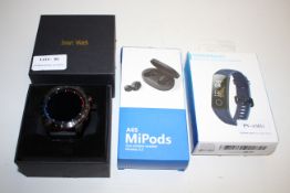 3X ASSORTED BOXED ITEMS TO INCLUDE SMART WATCH, HONOR BAND 5 ACTIVITY TRACKER & A6S MIPODS TRUE