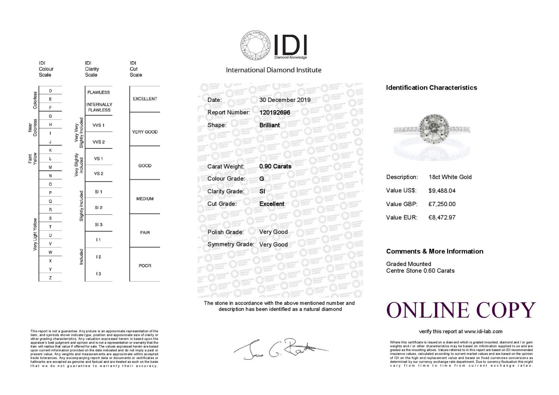 18ct White Gold Single Stone With Halo Setting Ring (0.60) 0.90 Carats - Valued by IDI £7,250.00 - - Image 5 of 5