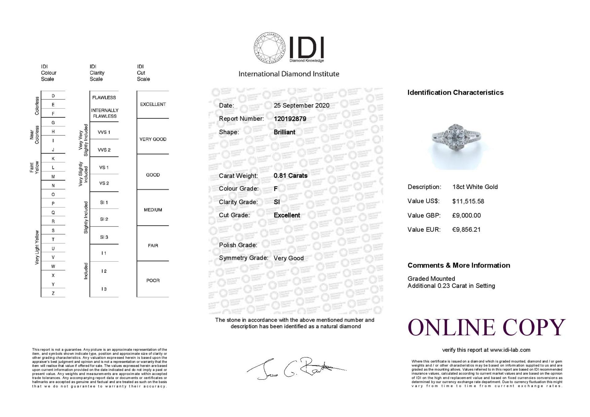 18ct White Gold Diamond Halo Ring 1.04 (0.81) Carats - Valued by IDI £9,000.00 - 18ct White Gold - Image 5 of 5