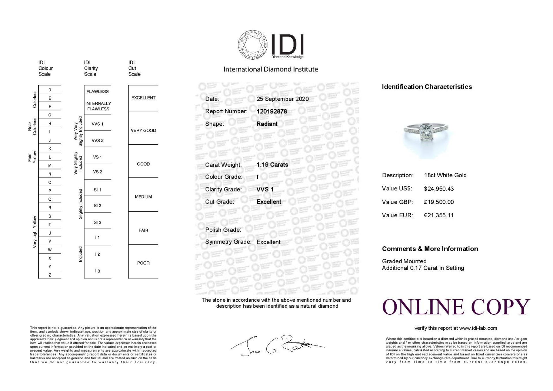 18ct White Gold Radiant Cut Diamond Ring 1.36 (1.19) Carats - Valued by IDI £19,500.00 - 18ct - Image 5 of 5