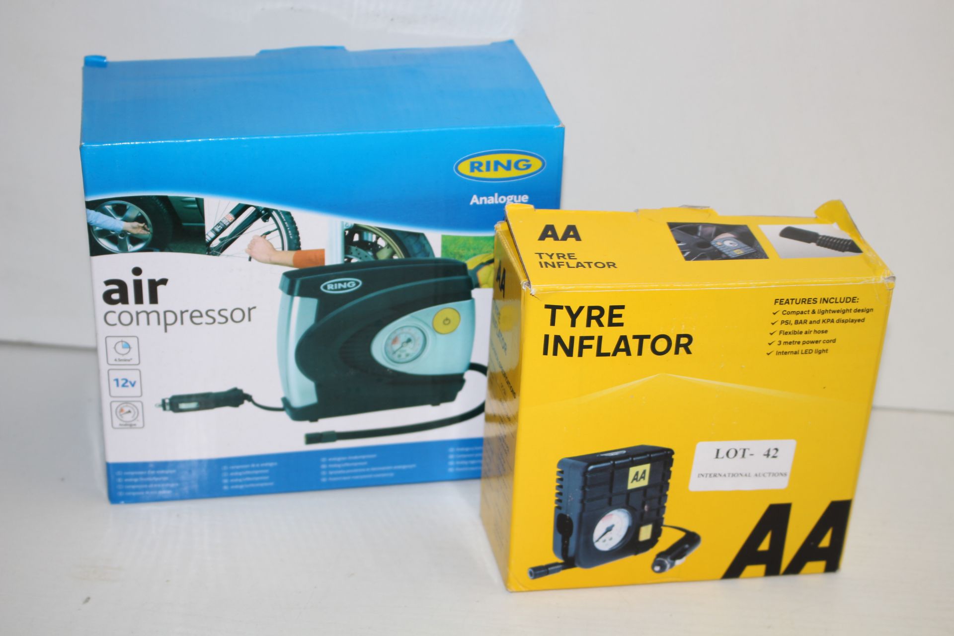 2X BOXED ASSORTED TYRE INFLATORS BY RING & AA COMBINED RRP £54.99Condition ReportAppraisal Available