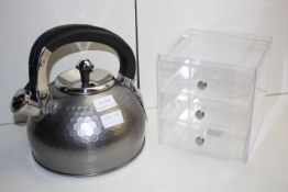 2X ASSORTED UNBOXED ITEMS TO INCLUDE KITCHEN CRAFT WHISTLING KETTLE & 3DRAWER CLEAR STORAGECondition