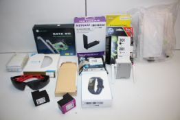 14X ASSORTED ITEMS TO INCLUDE HP, SATA 6G, HONOR BAND ACTIVITY TRACKER, NETGEAR WIFI RANGE