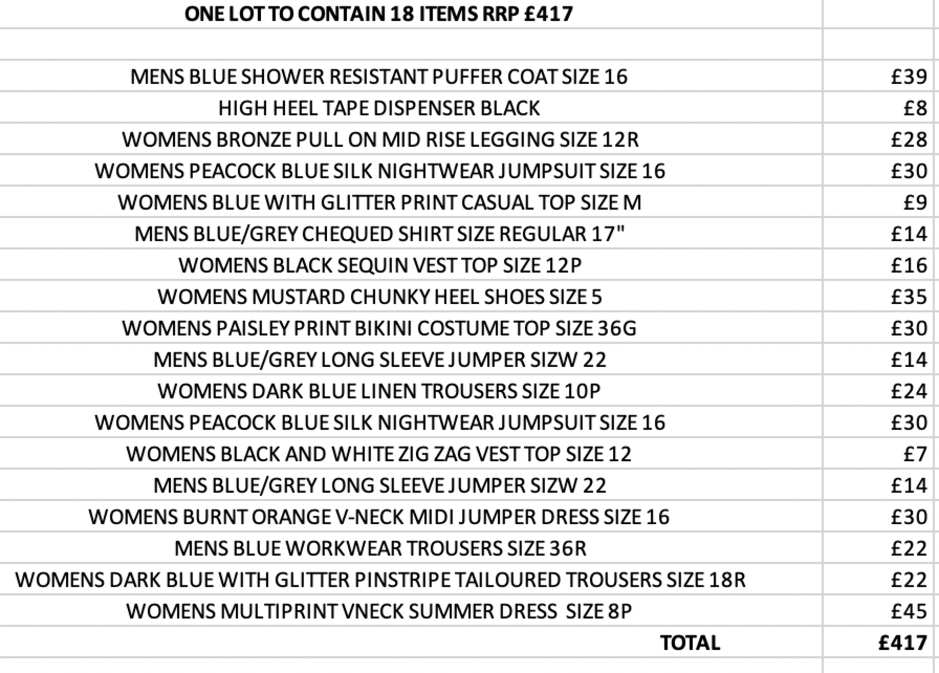 ONE LOT TO CONTAIN 18 ITEMS RRP £417 (1055)Condition ReportALL ITEMS ARE BRAND NEW WITH TAGS -