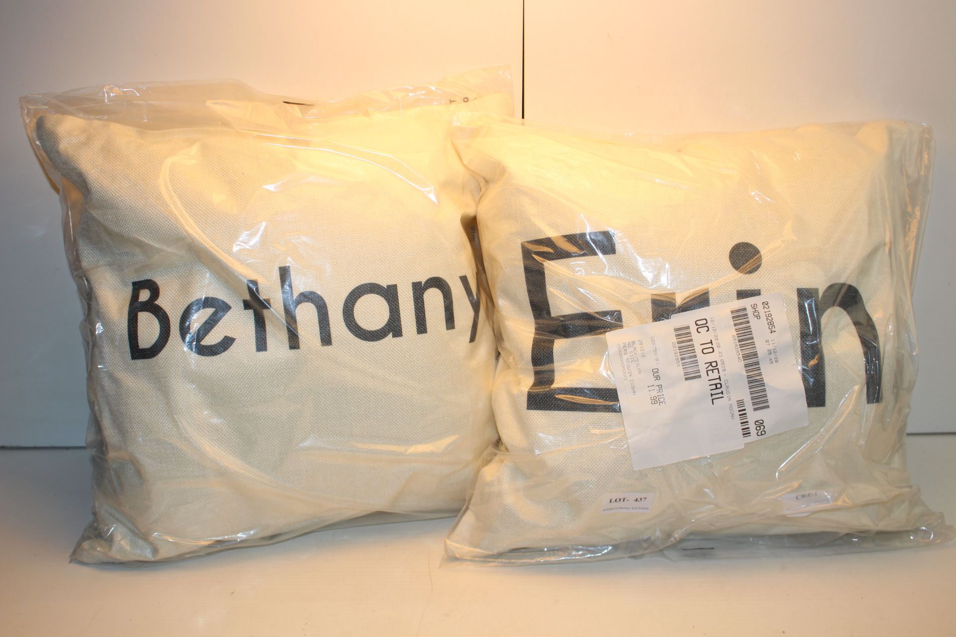 X 2 BAGGED CUSHIONS WITH PRINTED NAMES ONCondition ReportAppraisal Available on Request- All Items