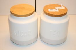 SET OF 2 CANNISTER TEA & SUGAR WHITE/OAK RRP £11.99Condition ReportAppraisal Available on Request-