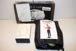 3X ASSORTED ITEMS TO INCLUDE RESISTANCE BANDS, HAND WARMER & D-LOCK (IMAGE DEPICTS STOCK)Condition