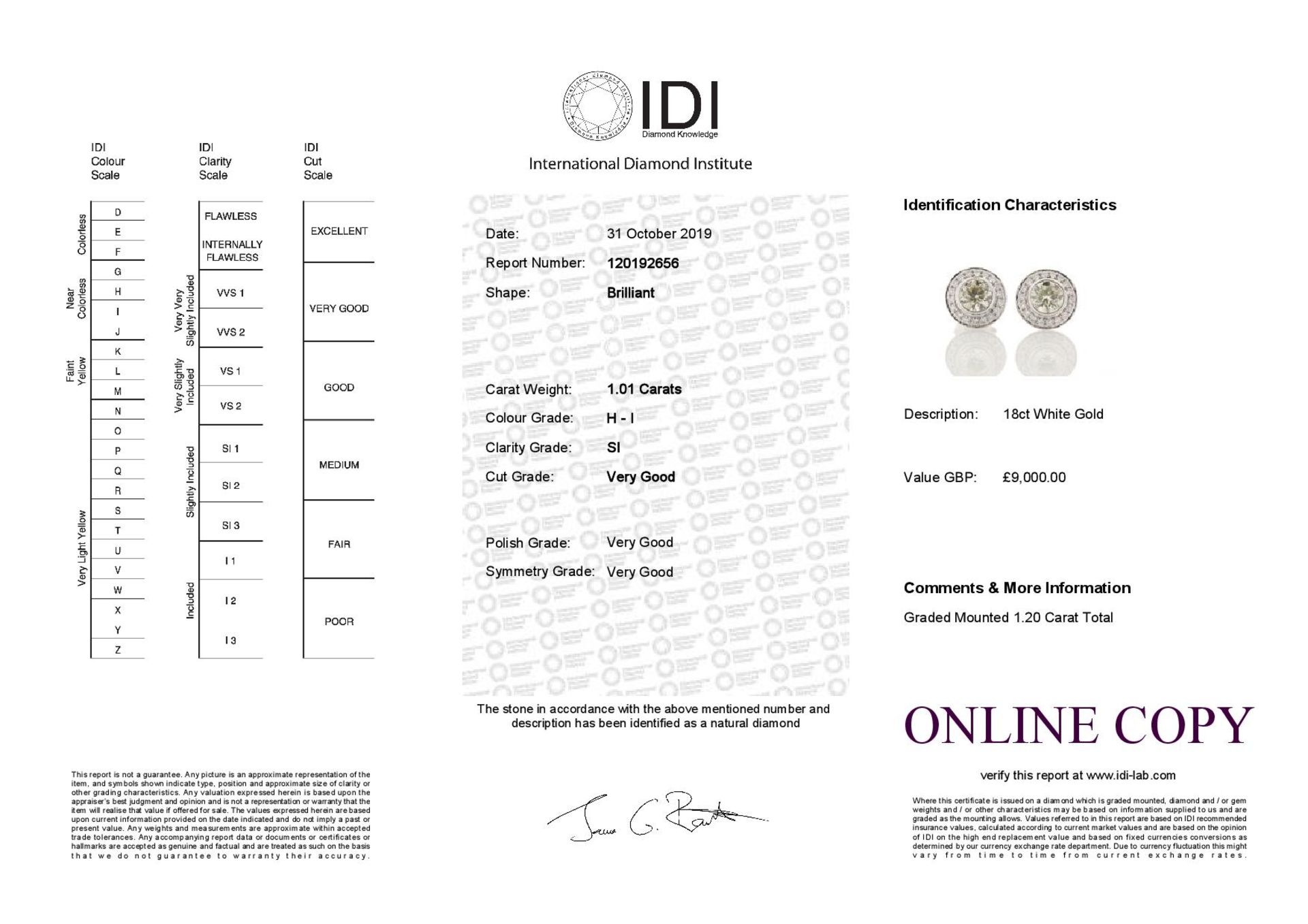 18ct White Gold Single Stone With Halo Setting Earring (1.01) 1.20 Carats - Valued by IDI £9,000. - Image 4 of 4