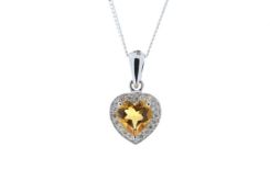 9ct White Gold Citrine Heart Shape Diamond Pendant 0.10 Carats - Valued by GIE £1,320.00 - With a