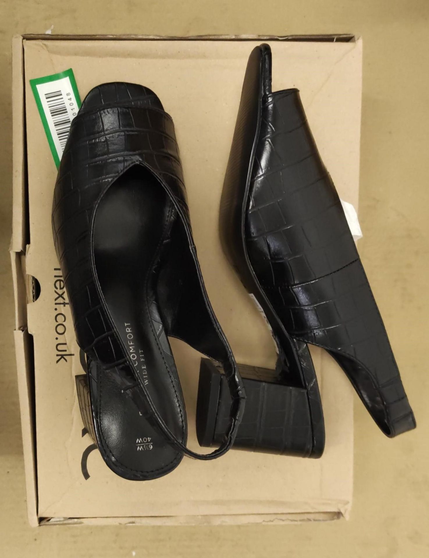 1 X BOXED BLACK CROCODILE PRINT OPEN TOE SLING BACK HEELS SIZE 6.5W £32Condition ReportALL ITEMS ARE
