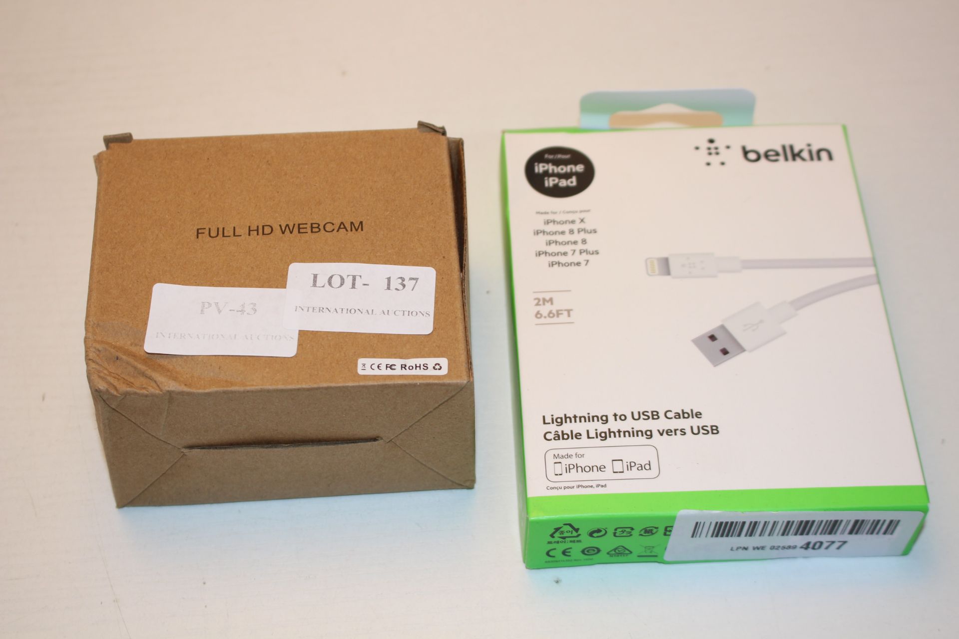 2X ASSORTED BOXED ITEMS TO INCLUDE BELKIN LIGHTNING TO USB & FULL HD WEBCAMCondition ReportAppraisal