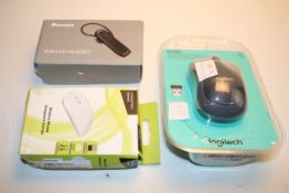 3X ASSORTED BOXED ITEMS TO INCLUDE CONCEPTUM MOUSE, MARNANA WIRELESS HEADSET & LOGITECH M185