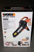 BOXED WORX ALL IN ONE MULCHER BLOWER VAC 3000W MODEL: WG505E RRP £99.69Condition ReportAppraisal