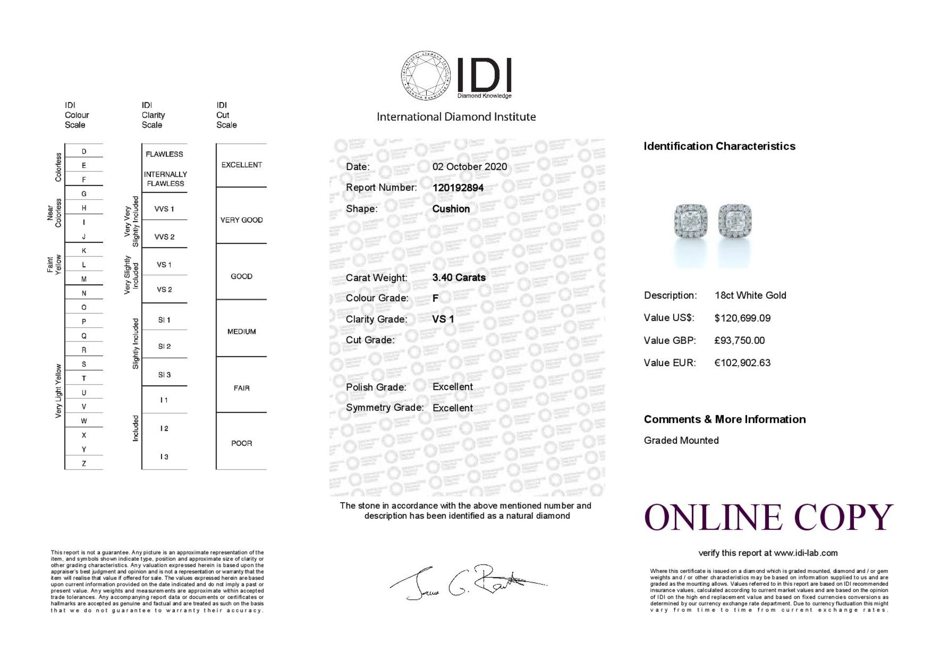 18ct White Gold Cushion Cut Diamond Halo Earrings 3.40 Carats - Valued by IDI £93,750.00 - 18ct - Image 4 of 4