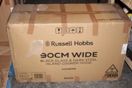 BOXED RUSSELL HOBBS 90CM WIDE BLACK GLASS & DARK STEEL ISLAND COOKER HOOD RRP £170.00Condition