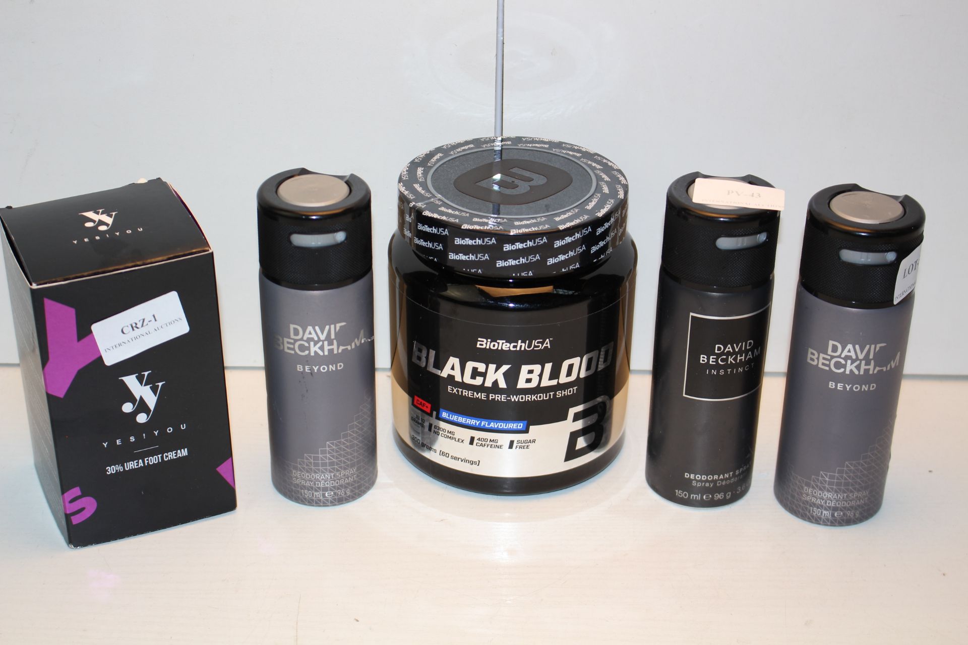 5X ASSORTED ITEMS TO INCLUDE BLACK BLOOD EXTREME-PRE WORKOUT SHOT, DAVID BECKHAM DEODORANT &